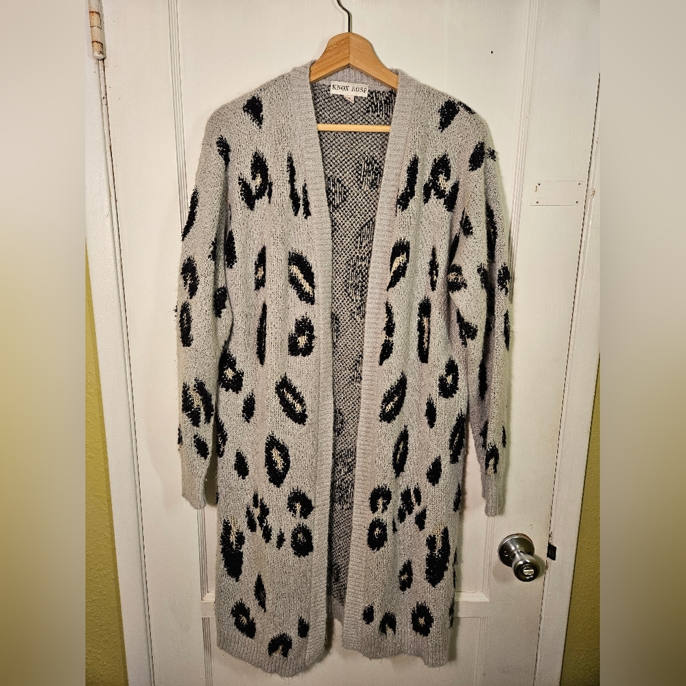 Knox Rose Duster Cardigan Women's Open Front Grey Leopard Print Pockets Small